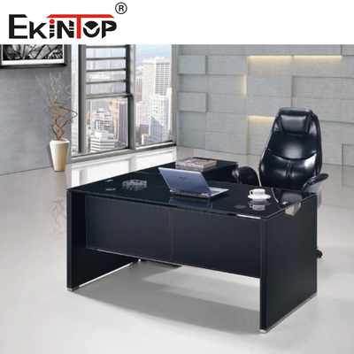 Σύγχρονο μαύρο γυαλί γραφείο υπολογιστή με μεταλλικά πόδια συρτάρι προσαρμοσμένο μέγεθος