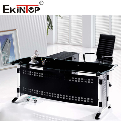 Εμπορικά έπιπλα Μαύρο γυάλινο γραφείο με μεταλλικά πόδια προσαρμοσμένα